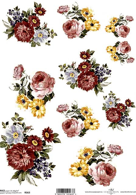 A sheet of rice paper with a printed vibrant flower bouquet design, intended for use in decoupage and crafts.