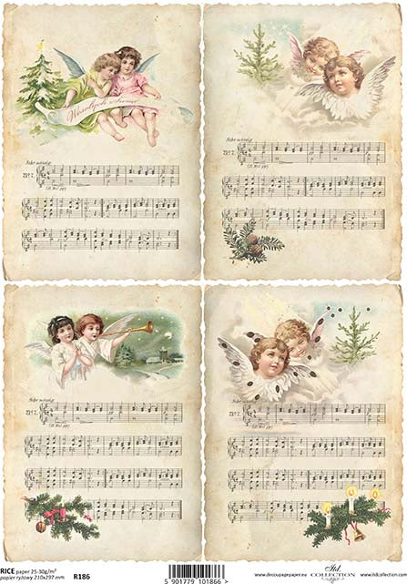 Sheets of rice paper with Christmas themed illustrations including angels, musical notes, and holiday decorations.