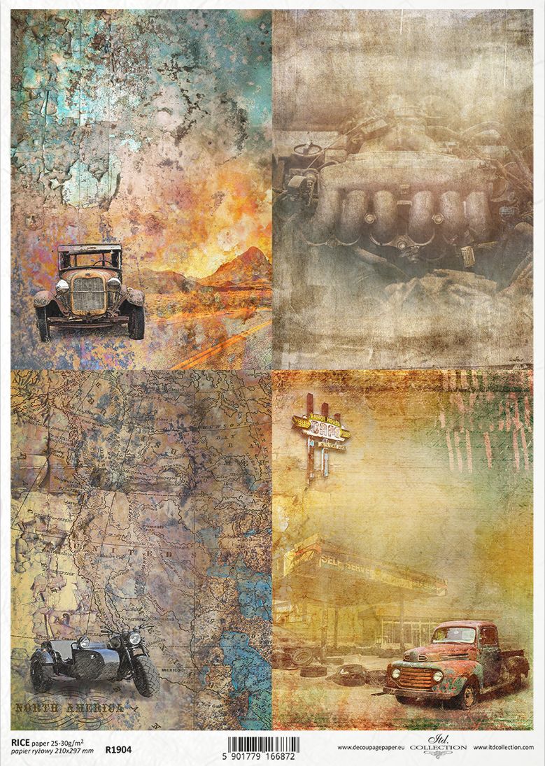 A vintage-style scrapbook paper sheet featuring a four-panel collage with distressed textures, old cars, a motorcycle, and warm-toned landscapes.