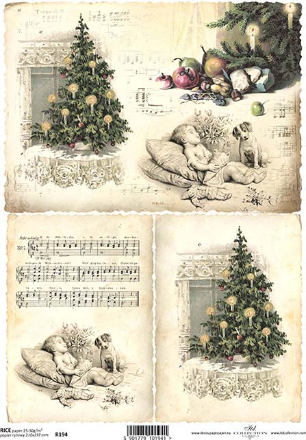 A sheet of rice paper with various Christmas themed illustrations including a Christmas tree, apples, and musical notes.