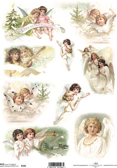 A sheet of decorative rice paper featuring various angel illustrations in different poses, with vintage Christmas-themed elements in the background.