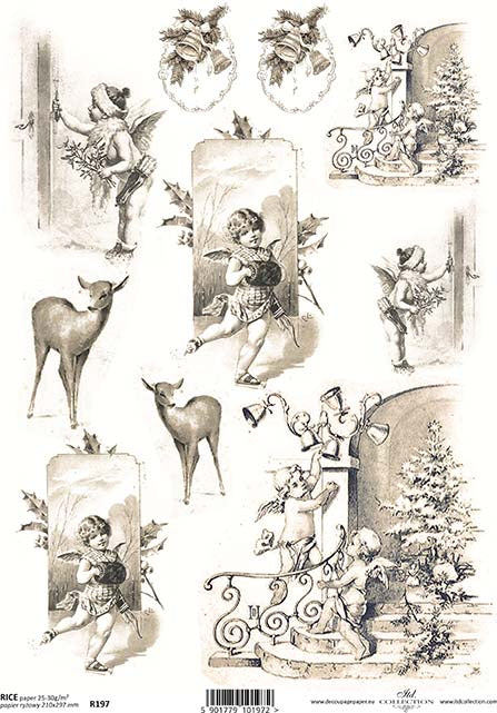 A sheet of rice paper with vintage Christmas themed illustrations including an angel, a bell, deer, and Christmas tree.