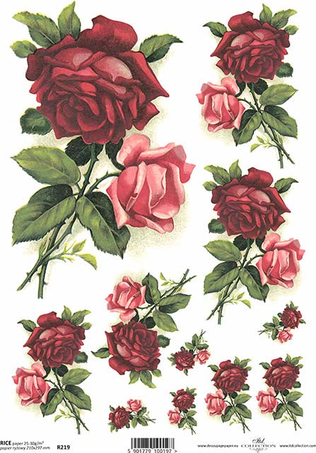 A sheet of rice paper with beautiful red and pink rose patterns, intended for decoupage or floral crafts.