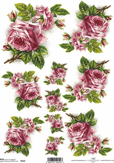 A sheet of rice paper with a decoupage print of pink blossom roses with green leaves.