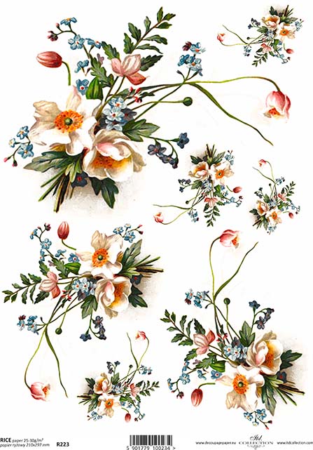 A sheet of rice paper with a colorful floral bouquet design including flowers such as daffodils, roses, and forget-me-nots, with green leaves and stems.