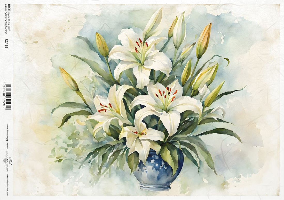Watercolor painting of white lilies with green leaves on a textured background