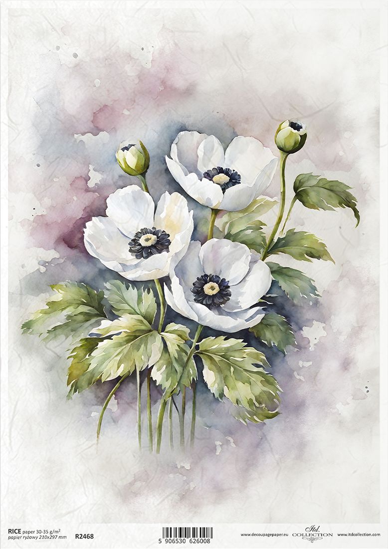 Artistic depiction of white flowers with green leaves on a watercolor background