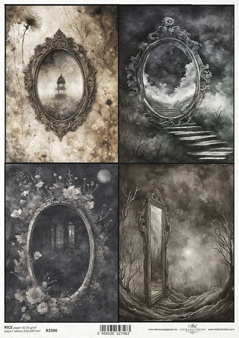 Four black and white illustrations of mirrors with various scenic backdrops.