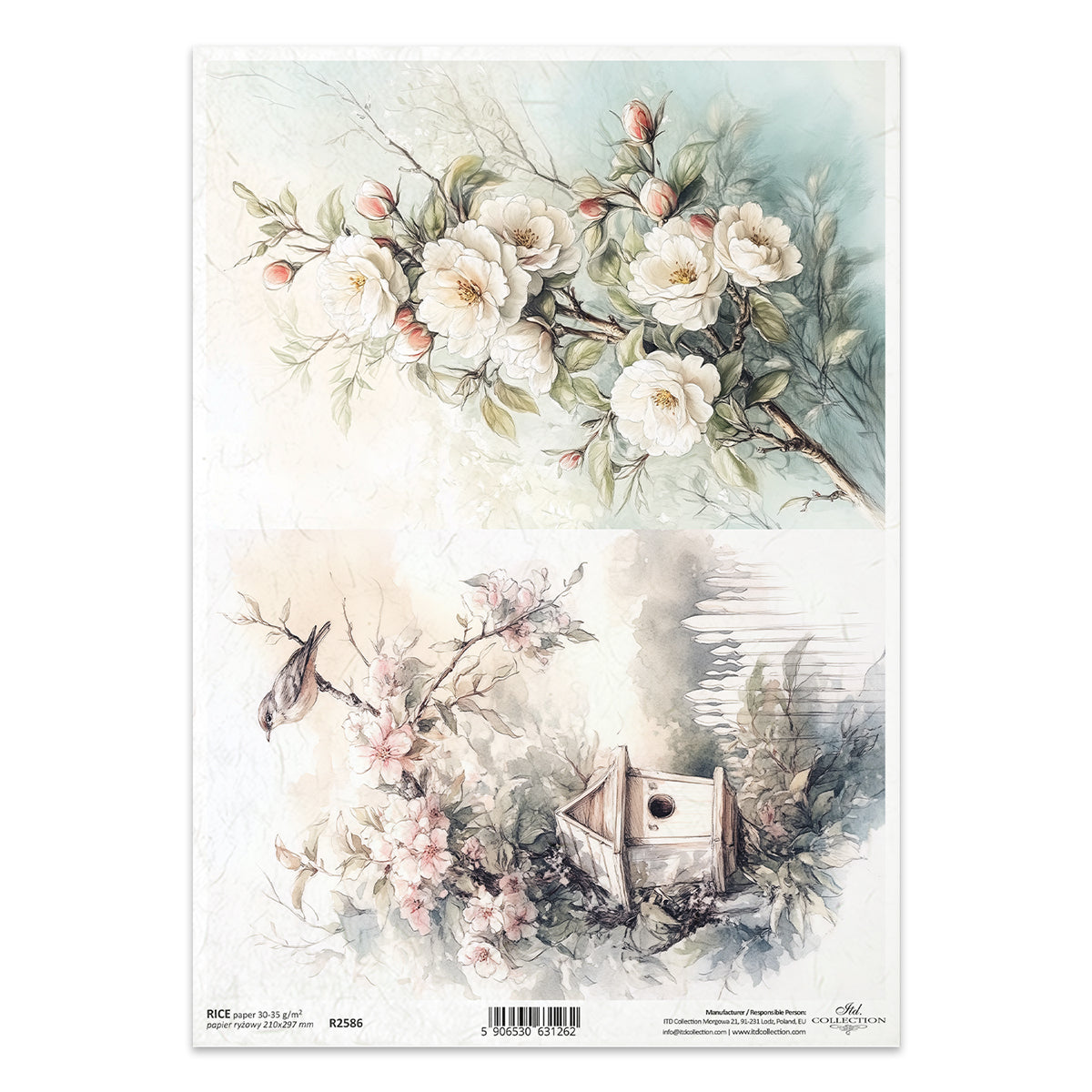 R2586 - Blooming Branches & Birdhouse Rice Paper A4