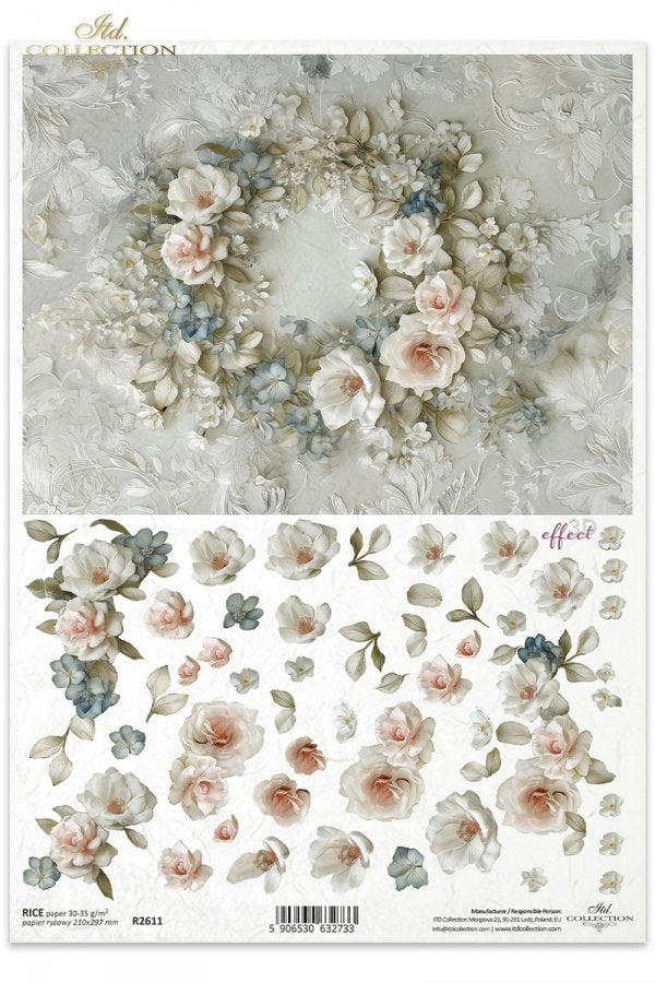 R2611 - Soft Floral Wreath - Rice paper A4
