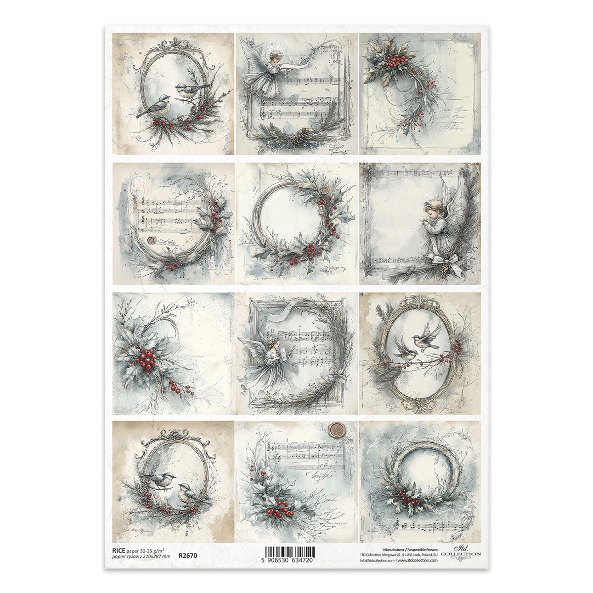 R2670 - Vintage Christmas Wreaths - Rice Paper A4
