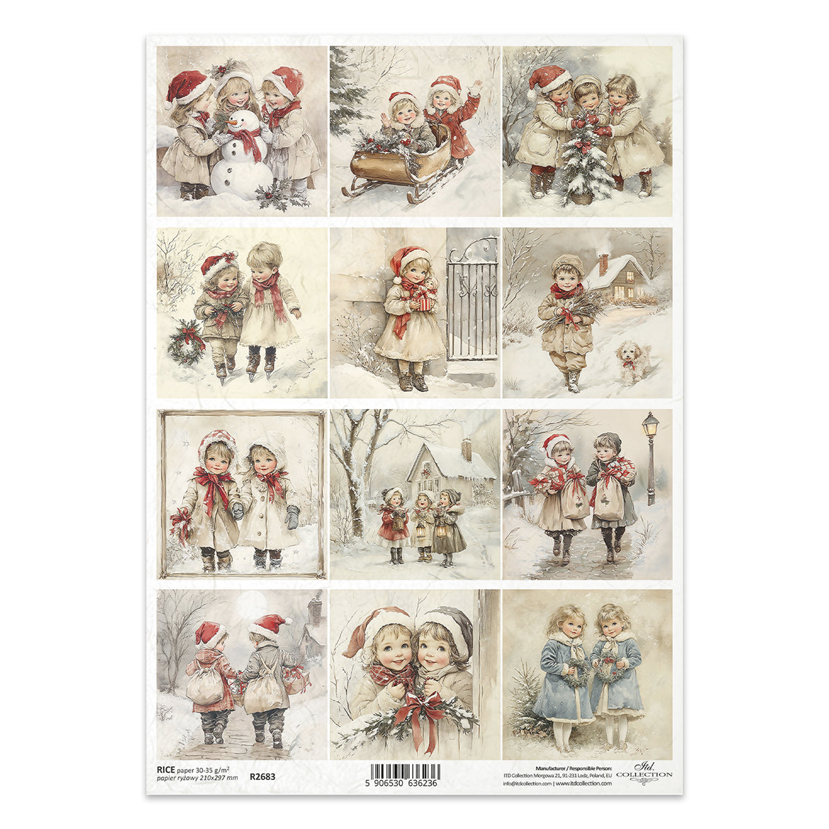 Sheet of Christmas-themed designs with children in winter clothing on a white background