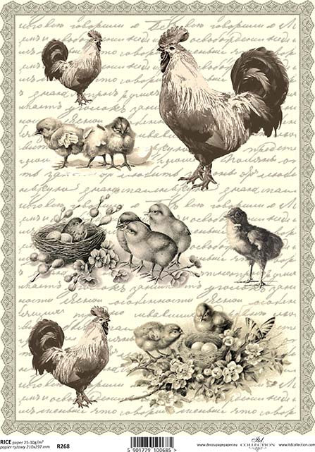 A sheet of vintage rice paper featuring illustrations of a rooster and chicks in monochrome colors.