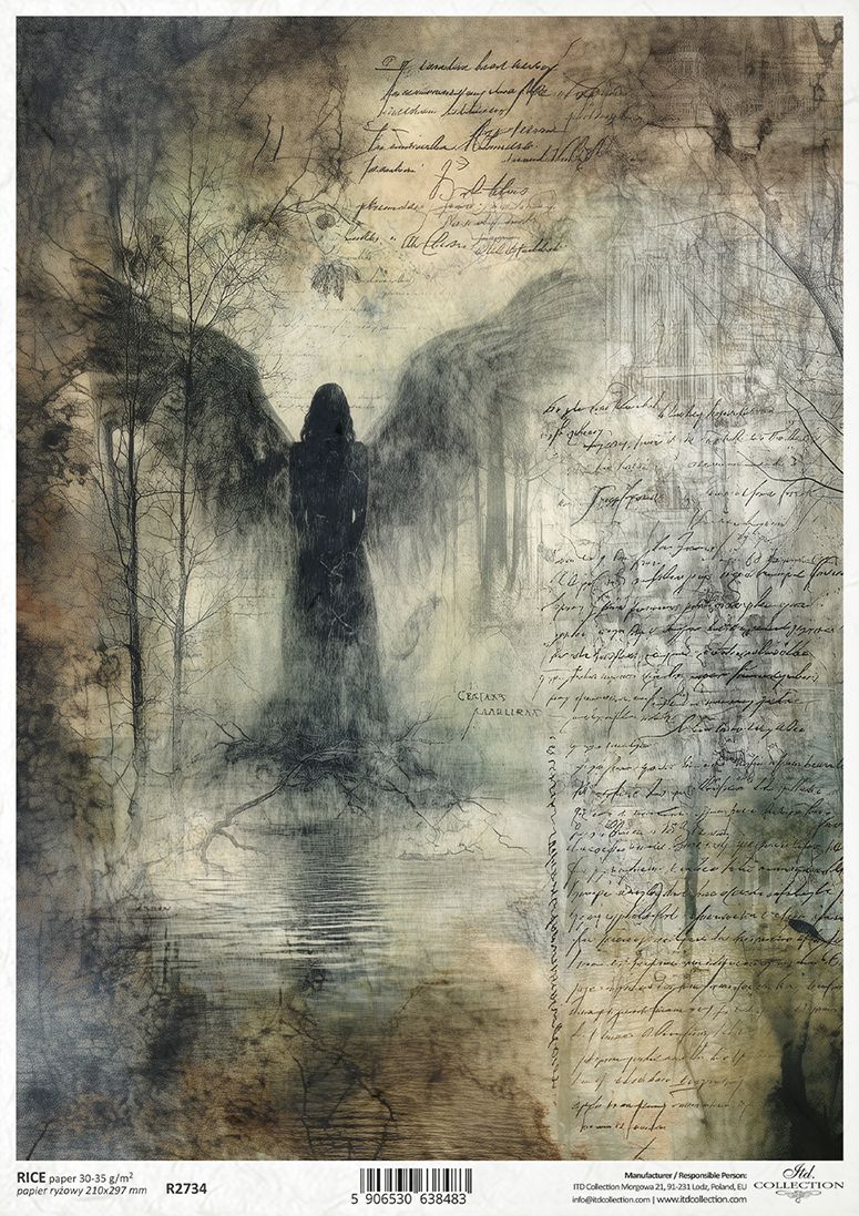 Artistic depiction of a silhouette by a body of water with text overlay on a textured background