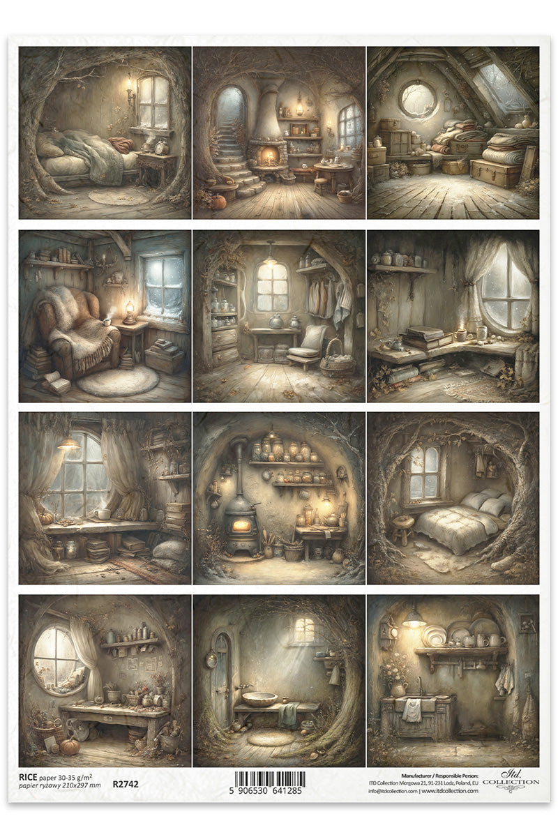 Illustrations of various cozy rooms in a collage format.