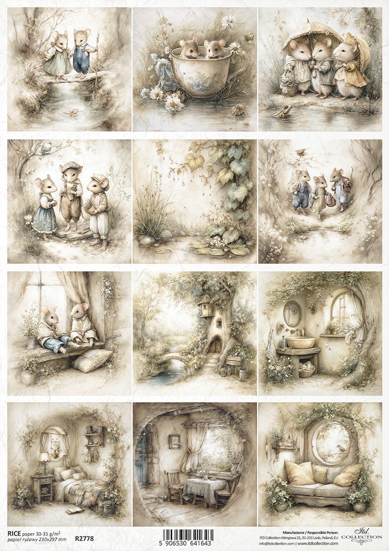 Collage of vintage-style illustrations featuring mice in various settings.