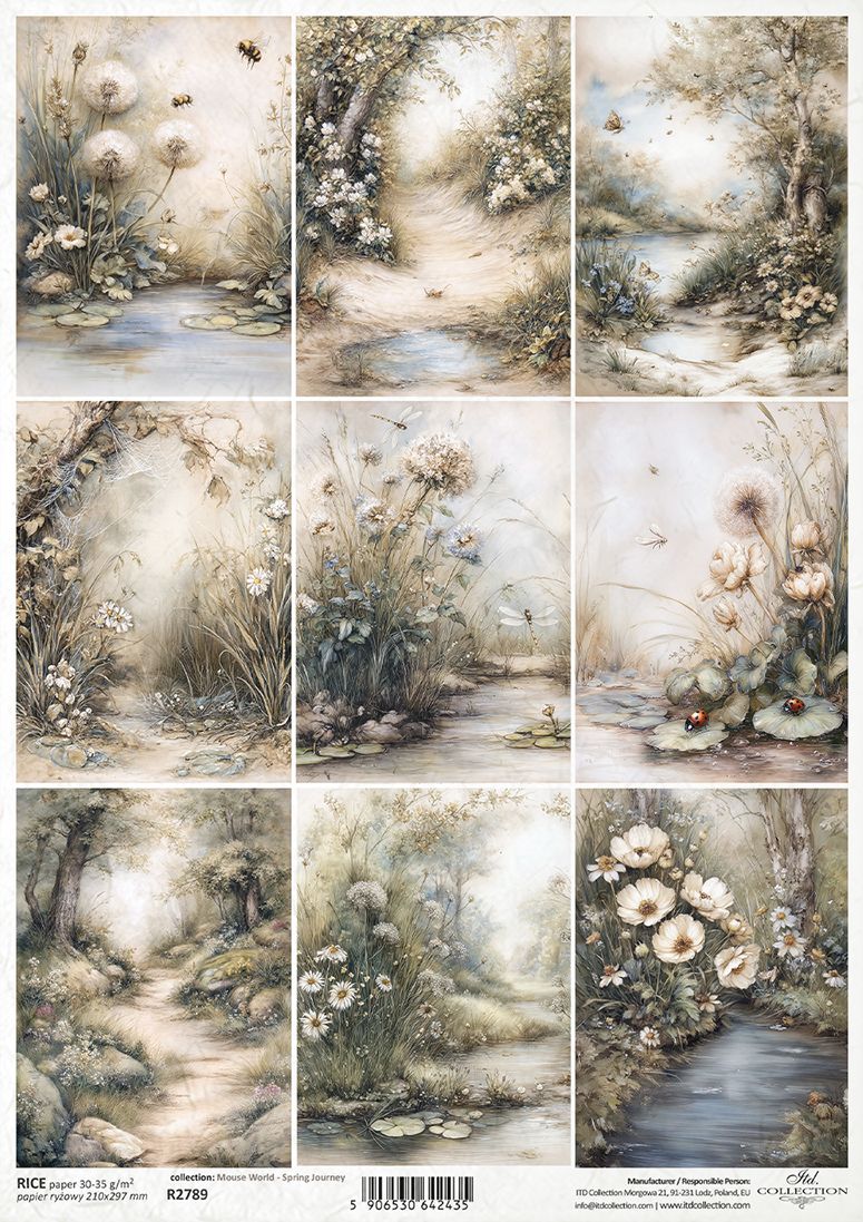 Collage of nature-themed designs with flowers and landscapes on a rice paper sheet.