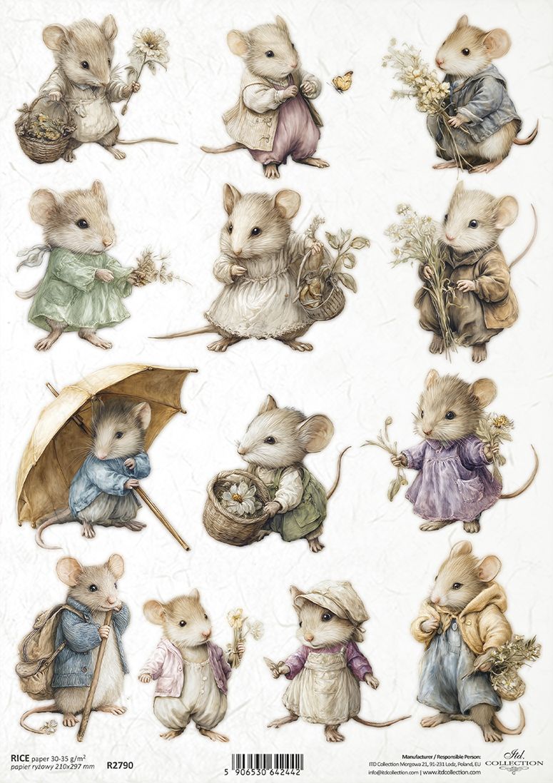 Illustrations of small mice in various outfits with flowers and accessories on a white background