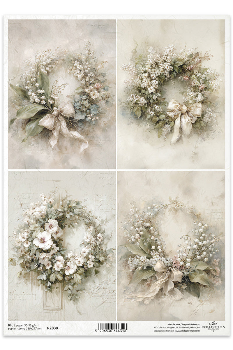 Four floral wreath designs on a textured background with a bow.