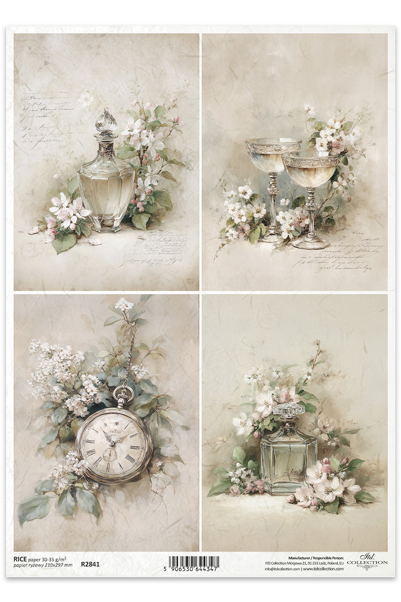 Set of four decorative images featuring floral arrangements and vintage items on a textured background.