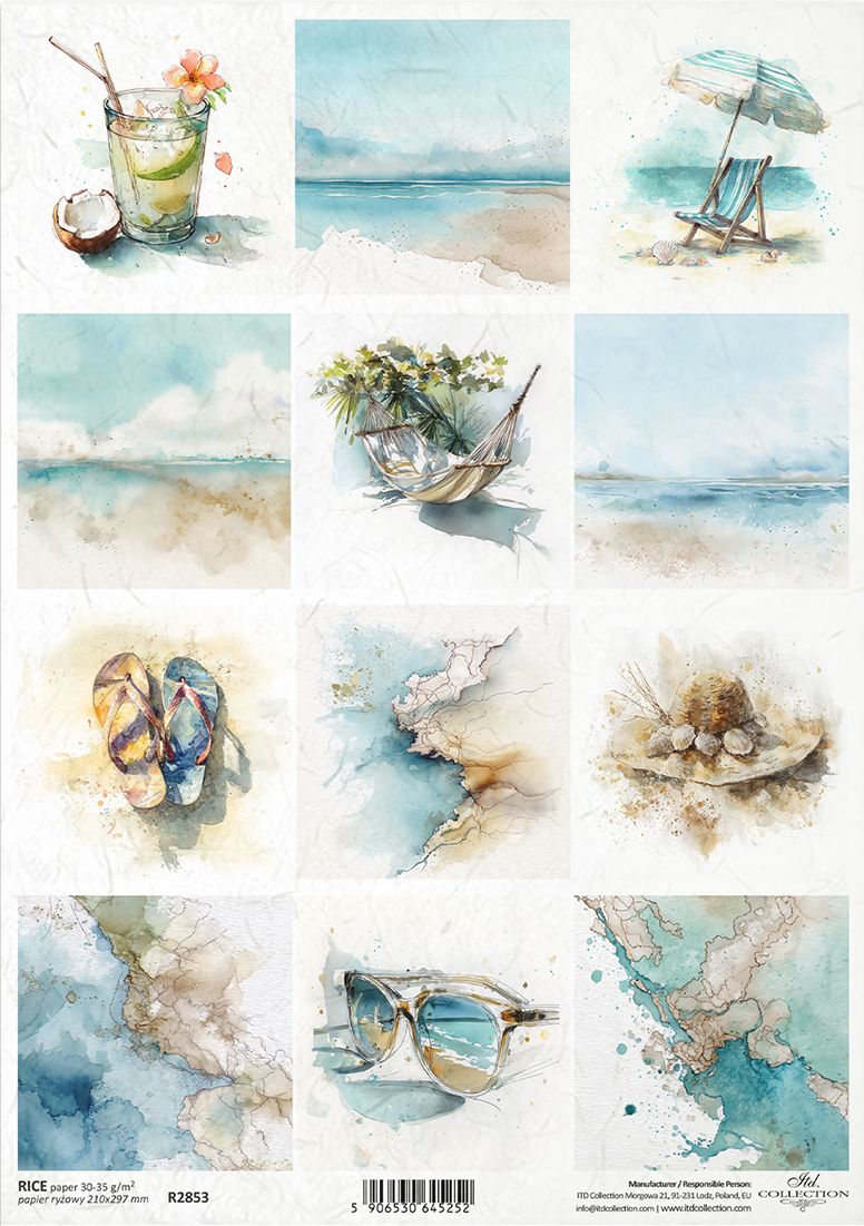 Set of beach-themed illustrations including a glass of cocktail, umbrella, chair, sandals, hat, and sunglasses on a white background.