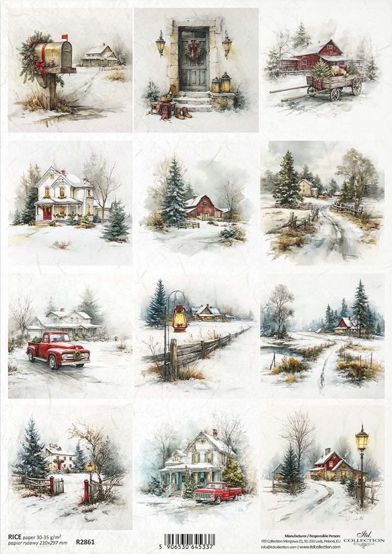 A sheet of 12 Christmas-themed winter landscape illustrations, featuring snow-covered houses, mailboxes, roads, trees, and red vintage cars.