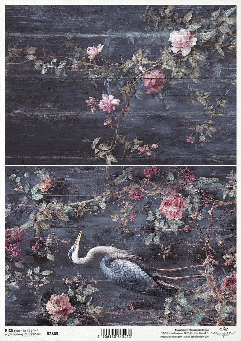 A sheet of decorative paper featuring a dark rustic wood background with pink roses, green leaves, and a blue-gray heron.