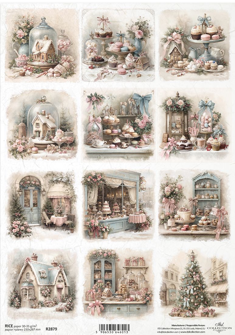 A sheet of vintage-style Christmas-themed illustrations and scenes, featuring decorated houses, cupboards, dessert tables, flowers, and a Christmas tree in soft pastel colours.