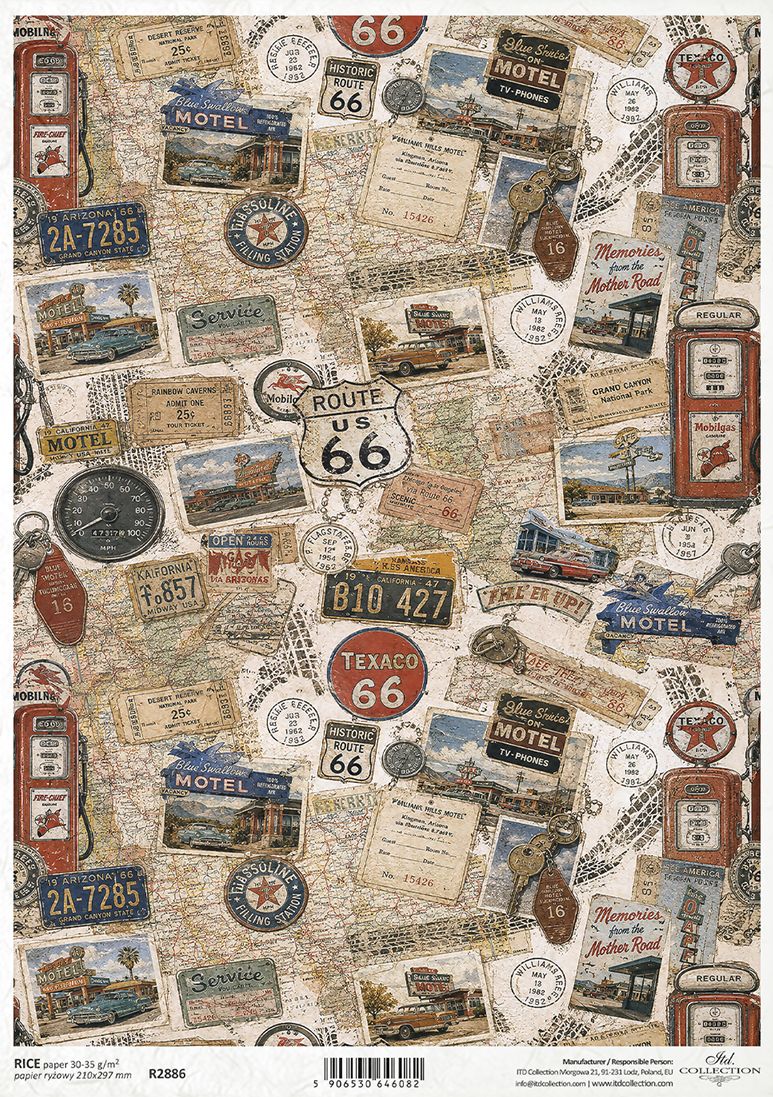 Vintage Route 66 themed paper featuring a dense collage of retro road signs, motel signs, gas station illustrations, and map details in warm beige, red, blue, and brown tones.