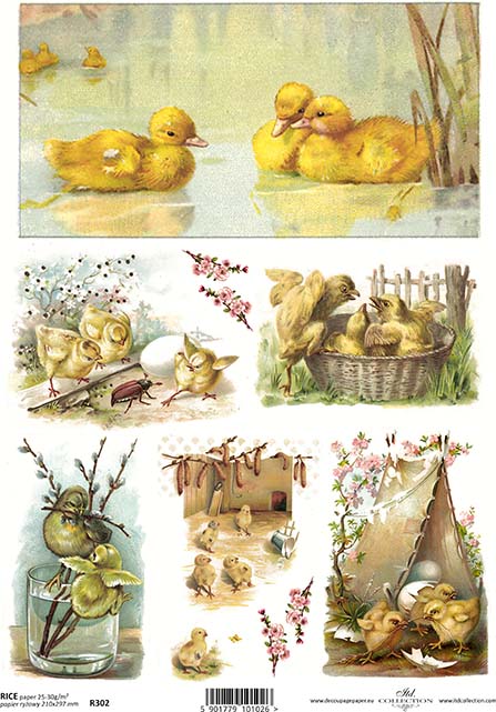 Rice paper with spring-themed ducklings and Easter motifs.