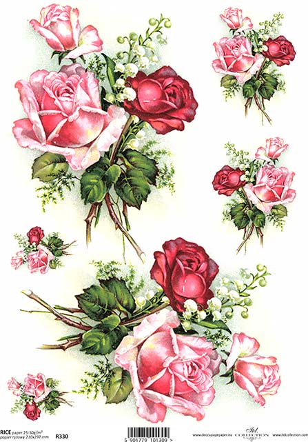 Decorative rice paper with pink and red roses and green leaves, vintage style