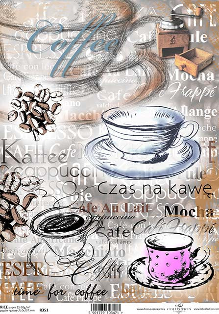 Rice paper with a coffee-themed design including cups, beans, and text, predominantly in brown tones.