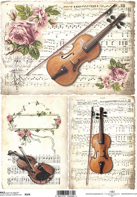 Rice paper with a vintage violin and roses design, including floral patterns and musical notes.