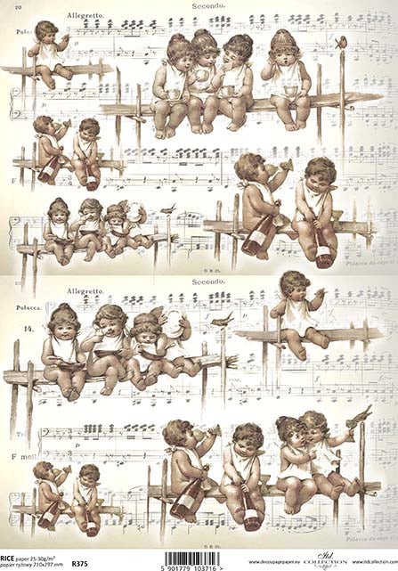 Rice paper with printed musical cherubs designs, suitable for decoupage and vintage music-themed projects.