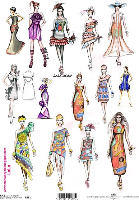 A sheet of rice paper with printed fashion illustrations depicting various dresses and outfits.