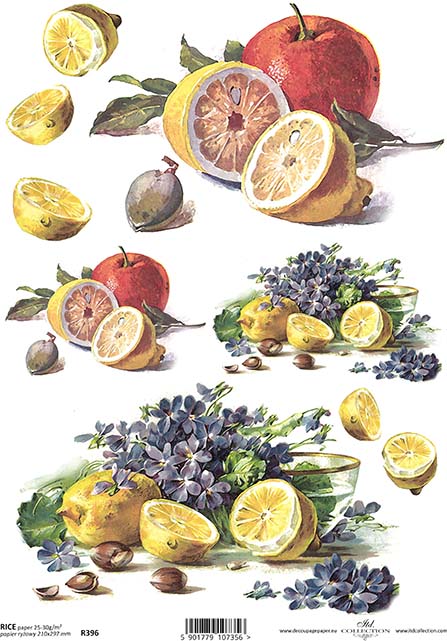 A sheet of rice paper with a vibrant print of citrus fruits like lemons and oranges, and floral elements in colors such as yellow, orange, red, and blue, resembling a typical summer fruit and floral arrangement.