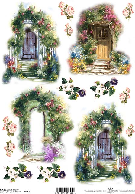 Decorative rice paper featuring vintage doors with floral accents.