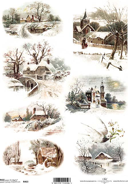 Rice paper with printed Christmas and winter scenes, ready for decoupage.