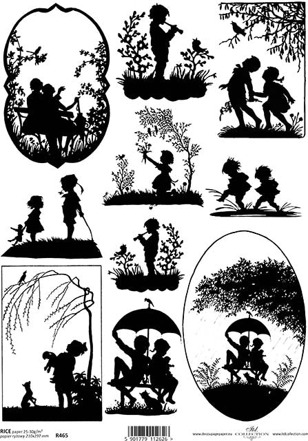 A sheet of rice paper with printed black and white images of children playing outdoors.