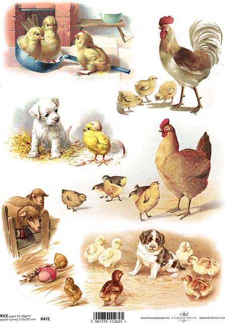 Rice paper decoupage sheet with printed images of chickens, chicks, and puppies.