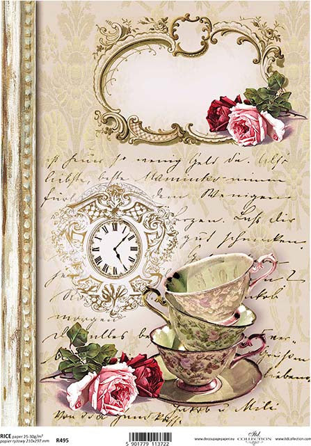 Rice paper with a floral pattern featuring pink roses, a clock, tea cups, and vintage-style text.