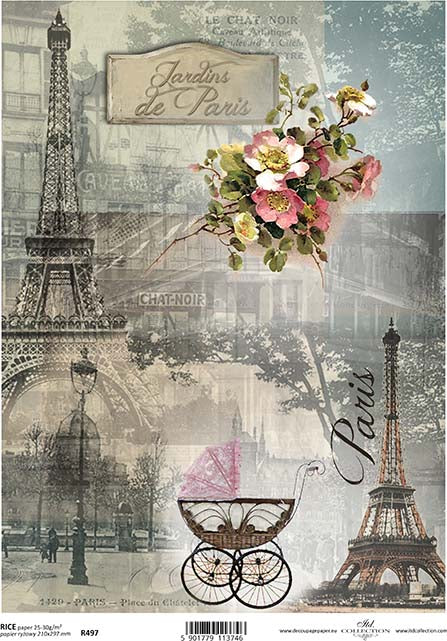 Rice paper with a decoupage design featuring iconic elements of Paris such as the Eiffel Tower, the Arc de Triomphe, and a vintage cart, along with floral elements and the text 'Paris'.