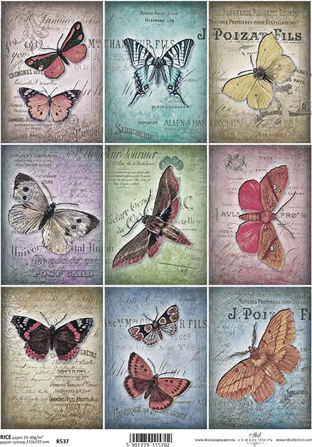 Rice paper with various butterflies printed in different colors on a background that includes text and vintage decorative elements.