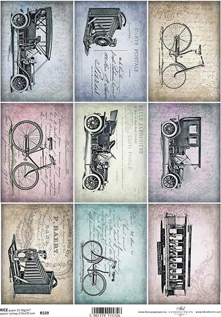 Rice paper with decoupage images including a bicycle, a car, a camera, and other vintage objects on a background with text and a postcard design.