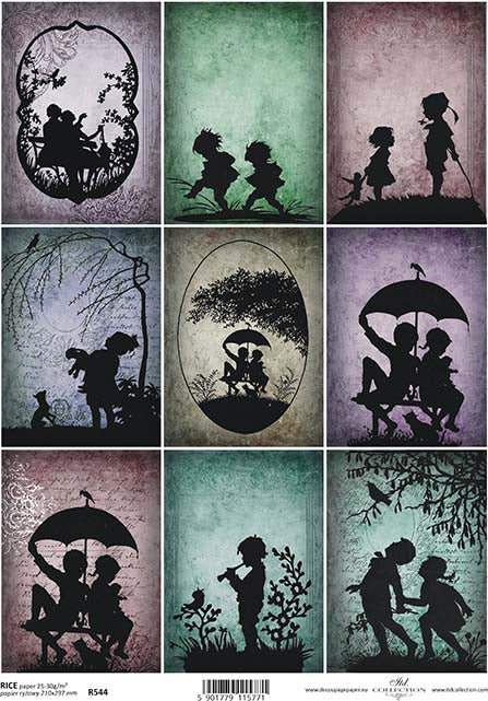 Various silhouettes of children and romantic scenes, with a vintage and retro aesthetic.