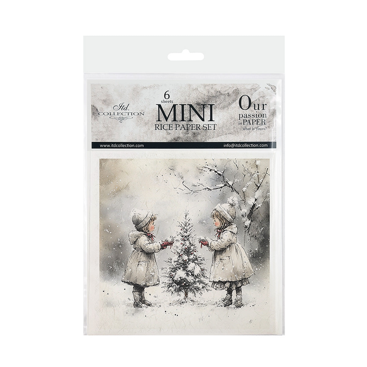 Packaging of a mini rice paper set with two children and a tree on a white background