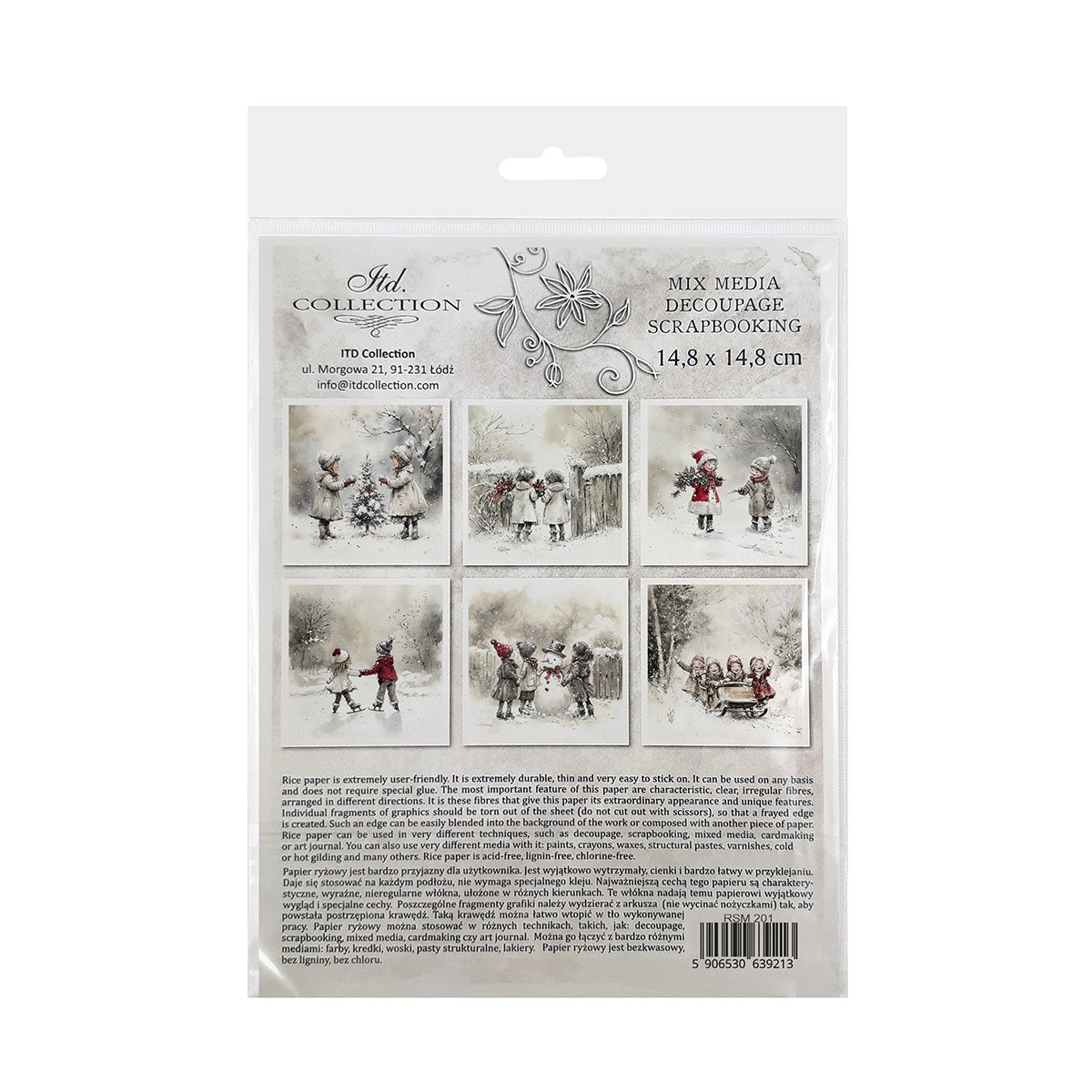 Packaging of decoupage rice paper with images of people in a snowy scene.