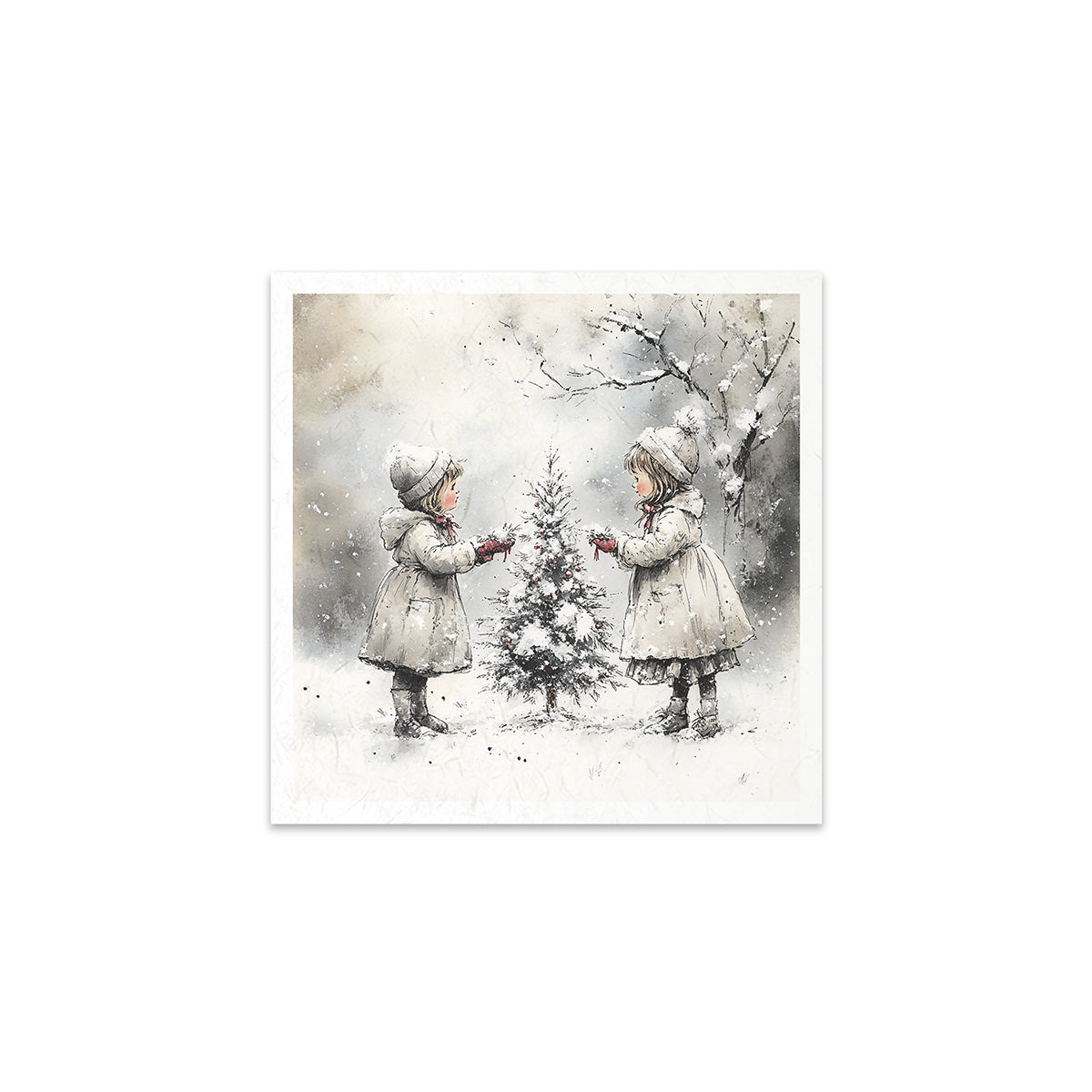 Two children in winter clothing standing in a snowy landscape with a small tree between them.