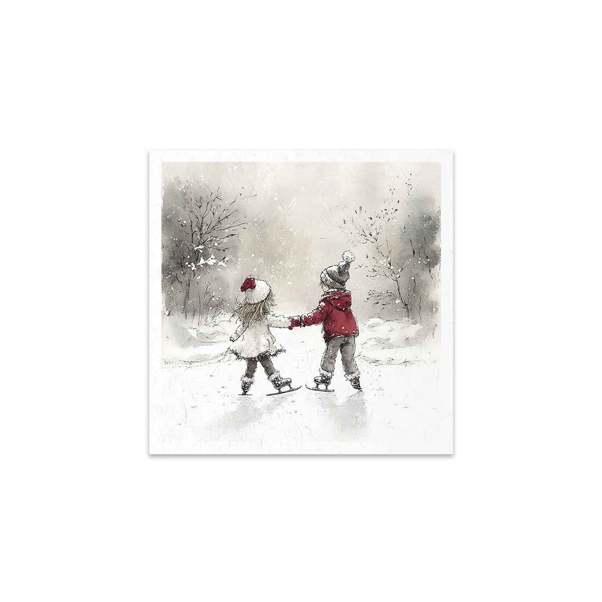 Two children ice skating in front of a snowy winter landscape.