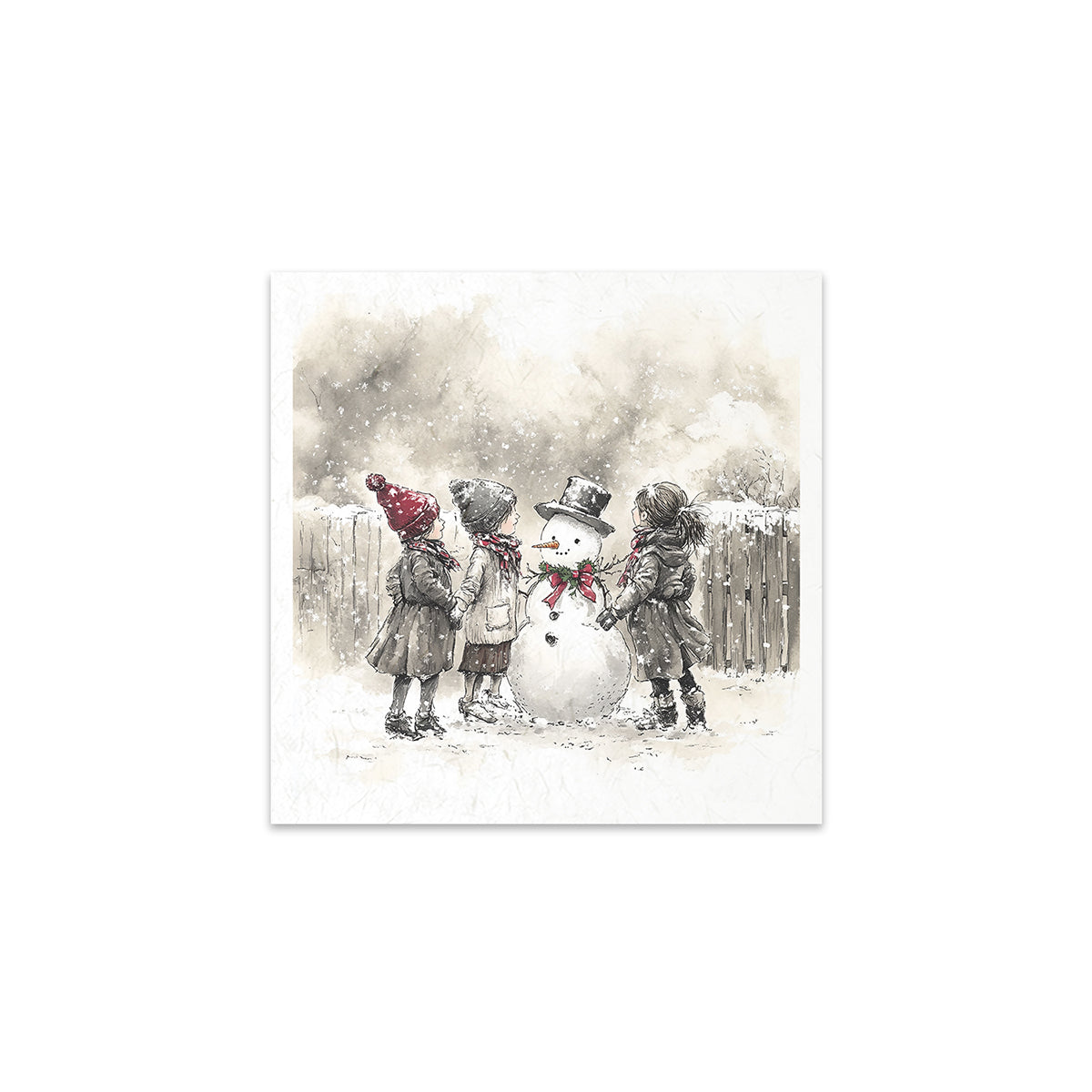 Illustration of three children with a snowman in a snowy landscape